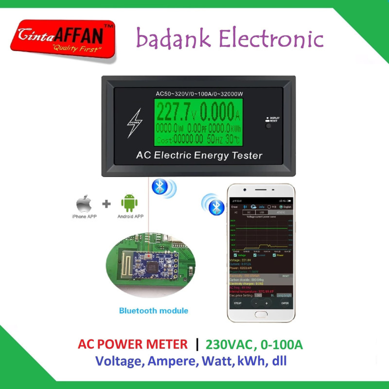 AC 230V 0-100A Volt Ampere Power kWh Energy Meter dengan Bluetooth